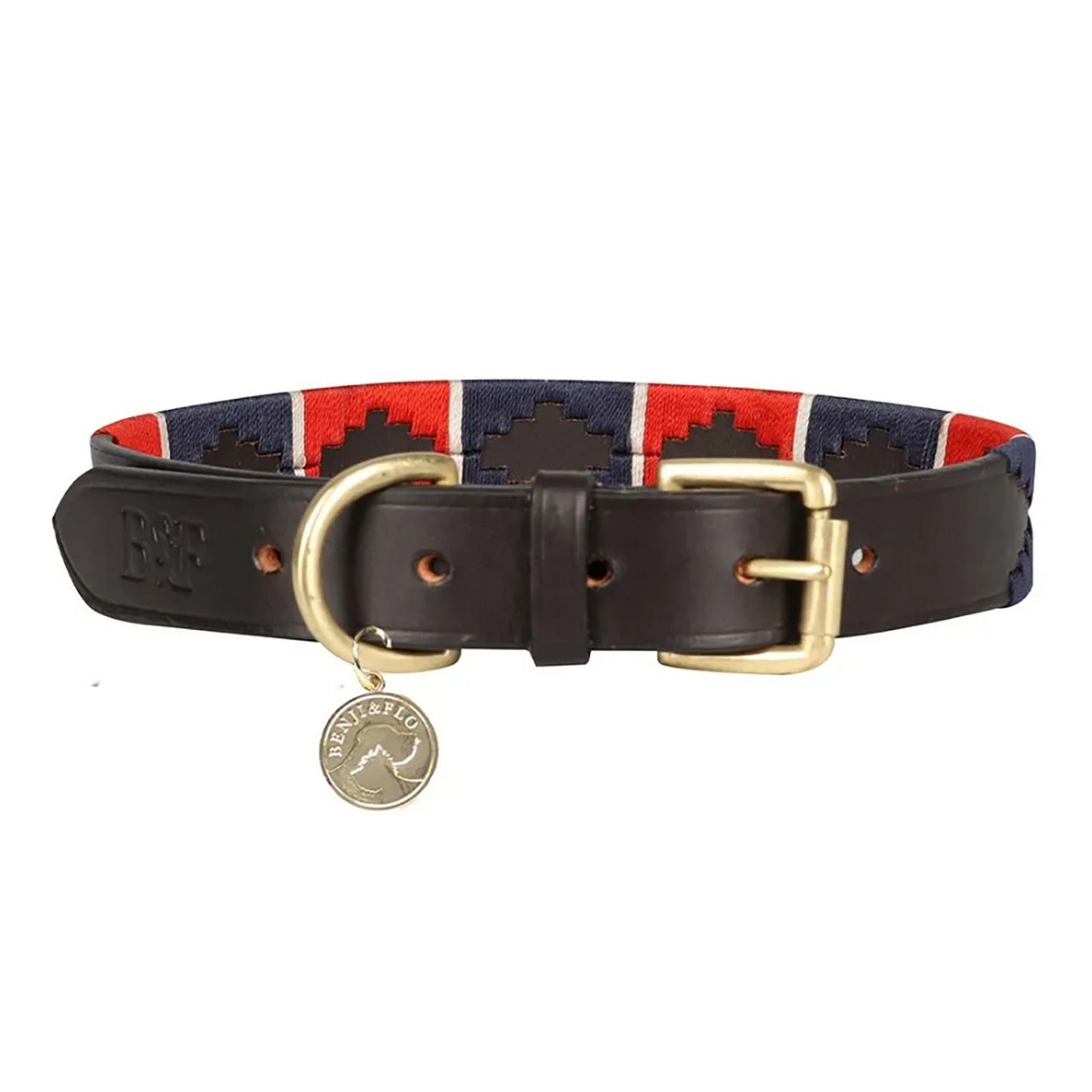 Benji & Flo Sublime Polo Leather Dog Collar Red/Navy/White - Medium