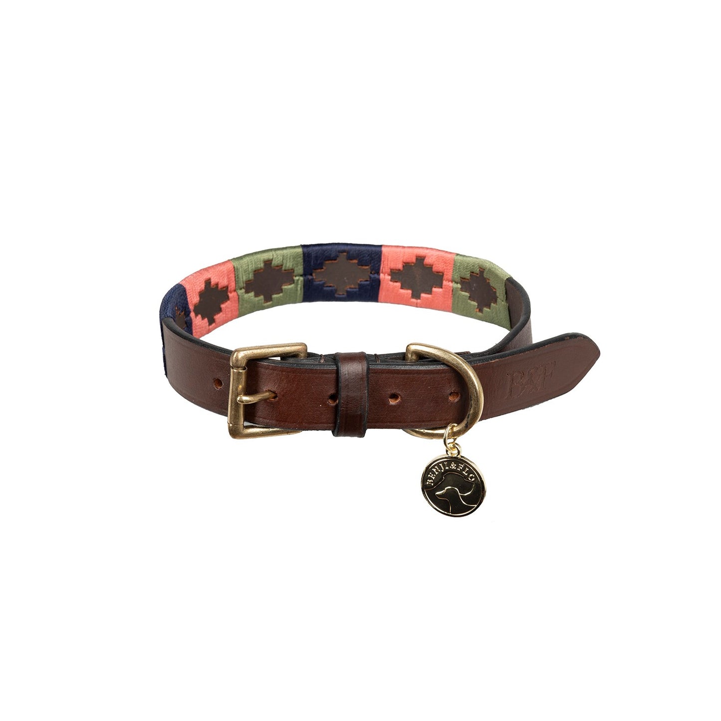 Benji & Flo Sublime Polo Leather Dog Collar Pink/Navy/Green - Small