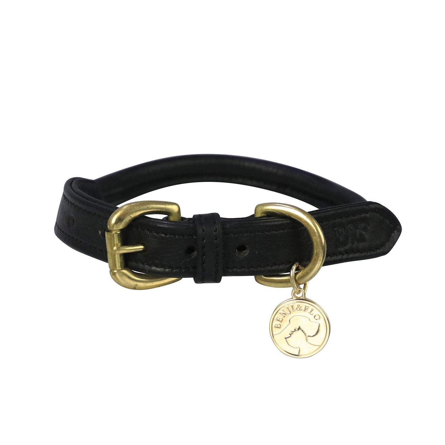 Benji & Flo Superior Rolled Leather Dog Collar Black/Brass - Small