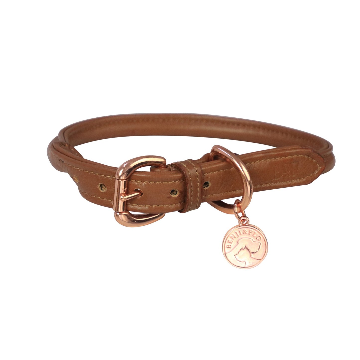 Benji & Flo Superior Rolled Leather Dog Collar Tan/Rose Gold - Large