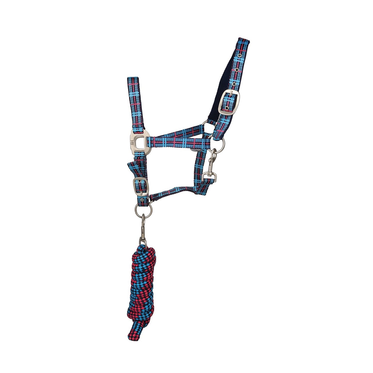 Hy Equestrian Tartan Headcollar with Lead Rope Pink/Navy/Kingfisher Blue - Cob