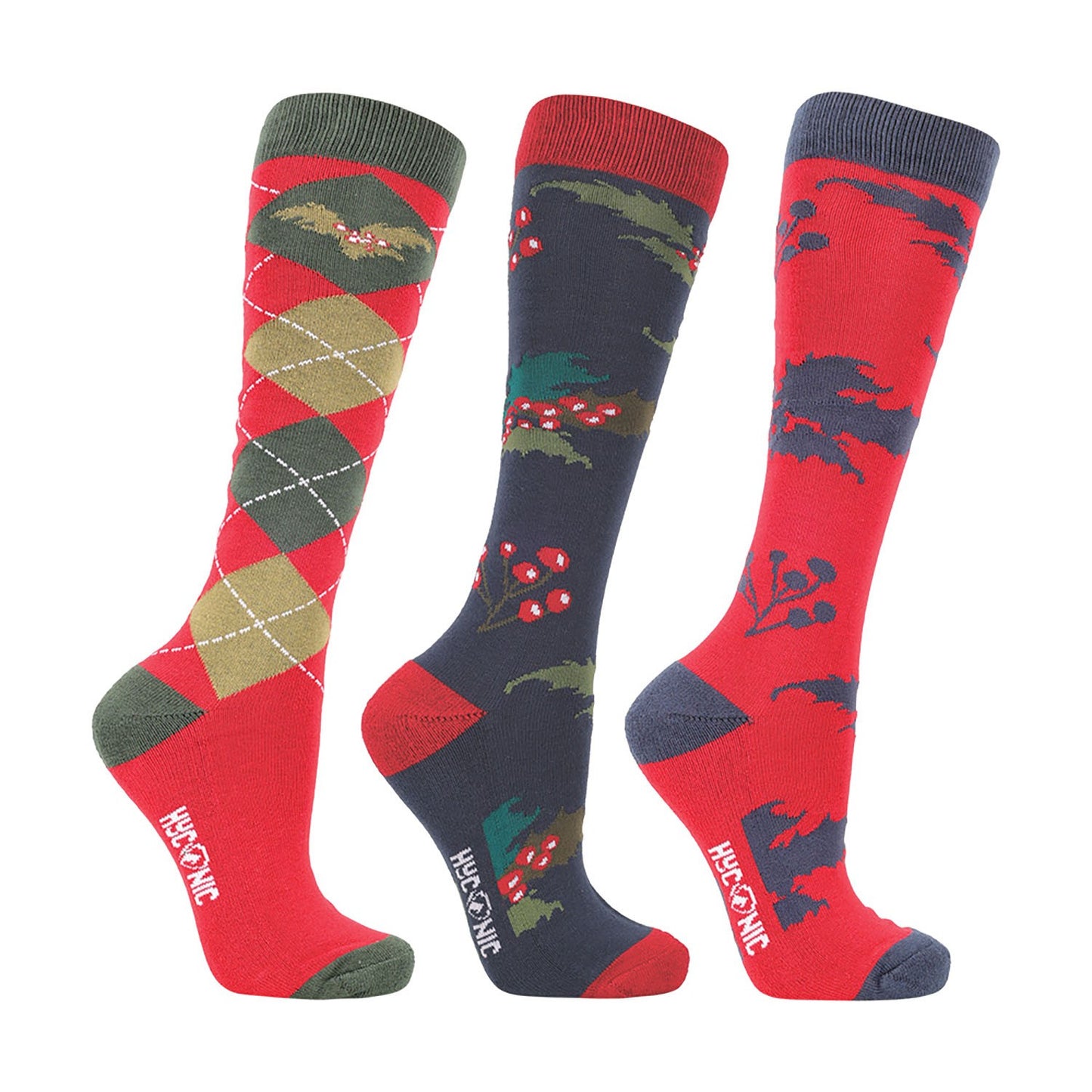 HyCONIC Christmas Holly Socks by Hy Equestrian Navy/Red - Adult (4-8) x 3 Pack