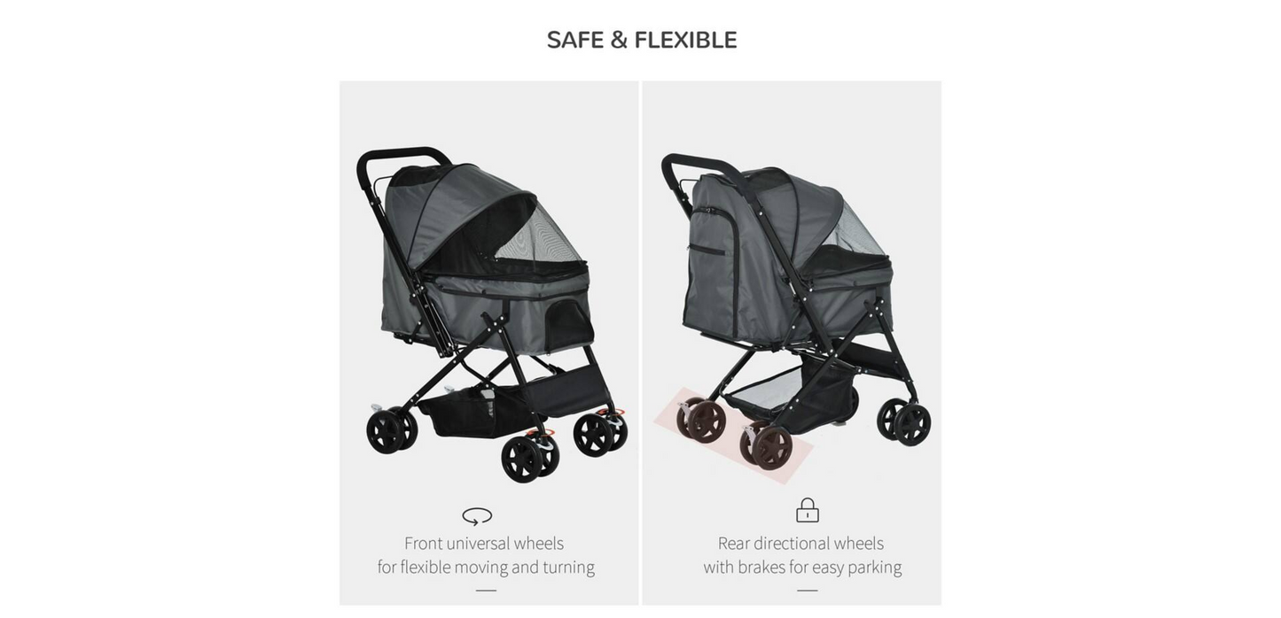 PawHut Pet Stroller Jogger with Reversible Handle and Safety Leash Grey