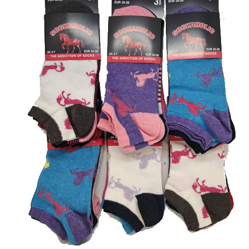 Ladies Cotton Horse Ankle Socks Pk/3