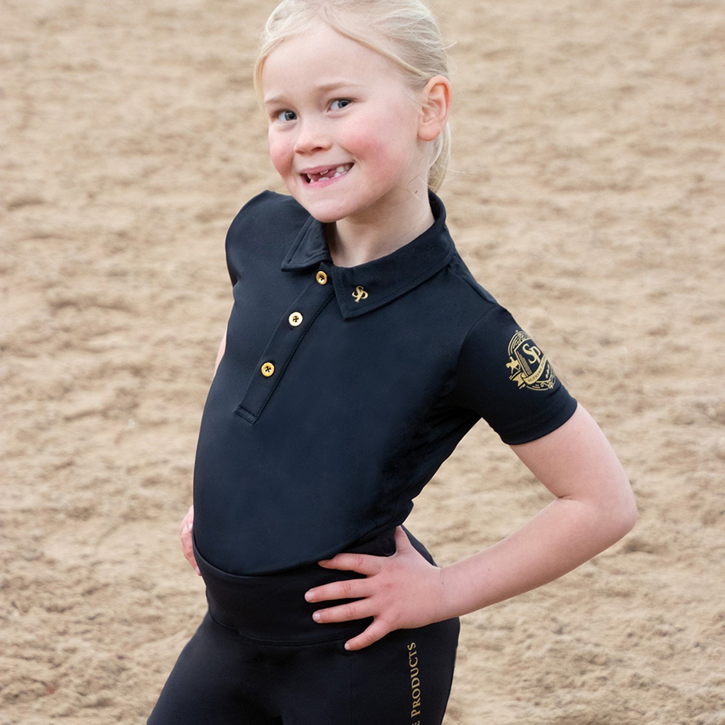 Supreme Products Active Junior Show Rider Polo Shirt Black/Gold - 9/10 Years