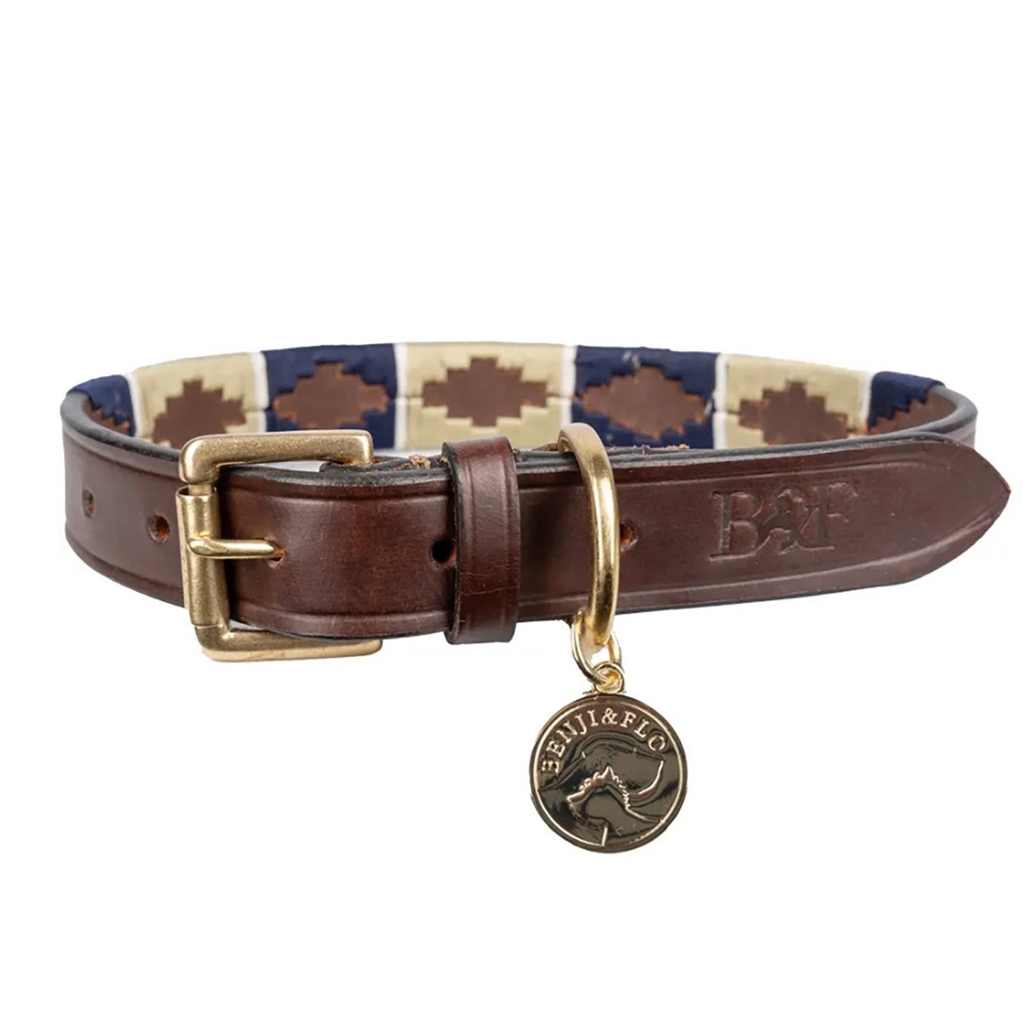 Benji & Flo Sublime Polo Leather Dog Collar Navy/Fossil - Xsmall