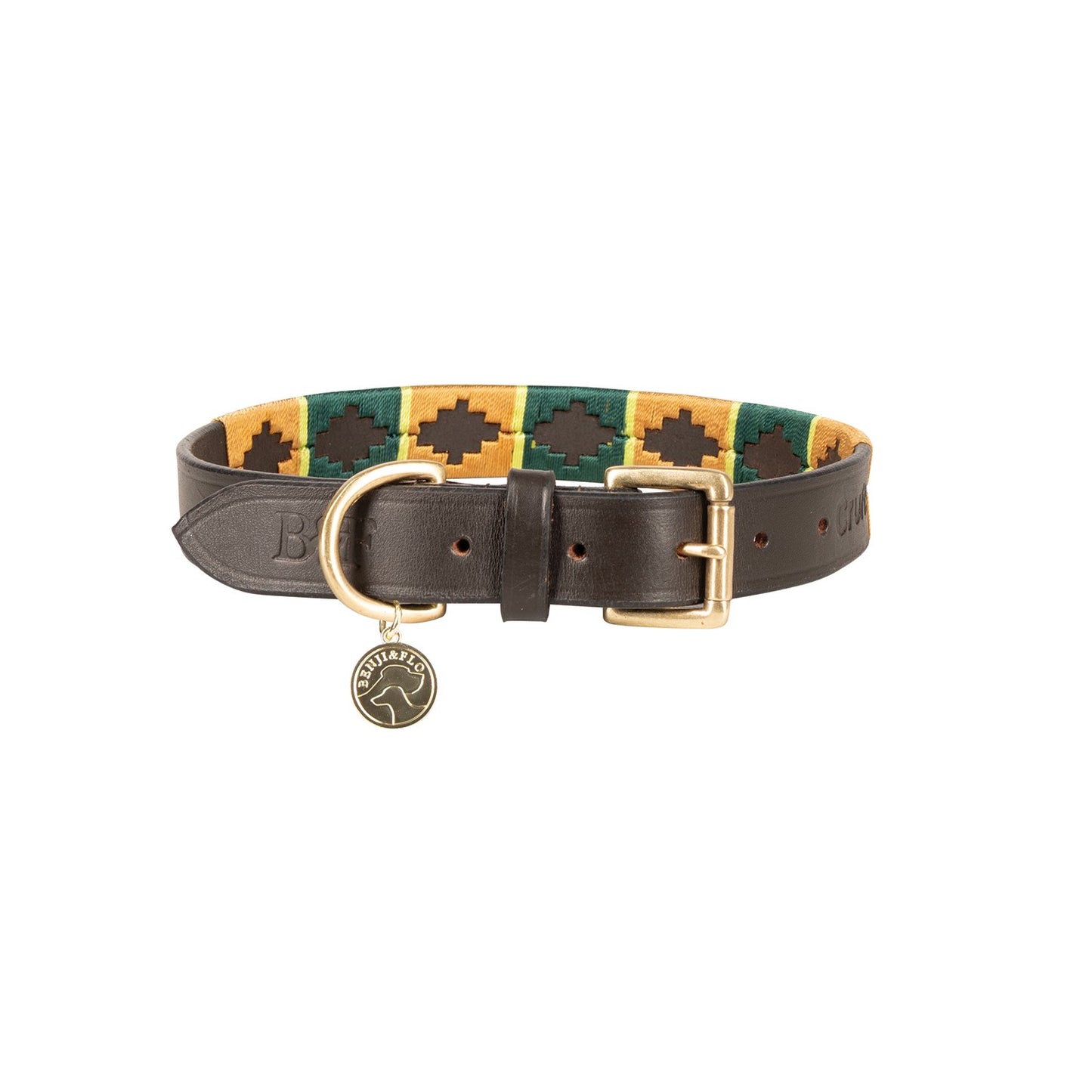 Benji & Flo Sublime Polo Leather Dog Collar Green/Gold - Medium