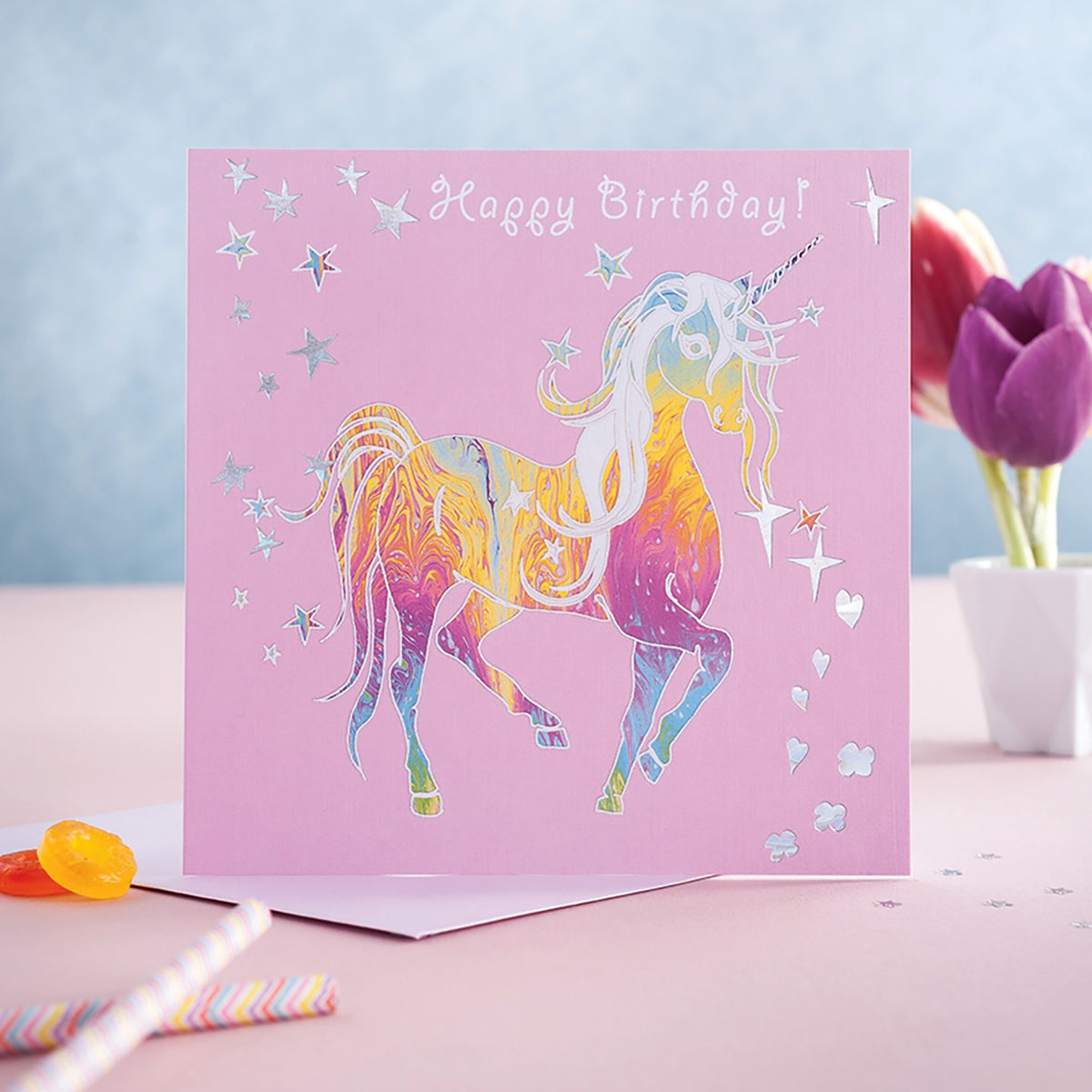 Deckled Edge Prancing Myth Card Happy Birthday - Pink Unicorn