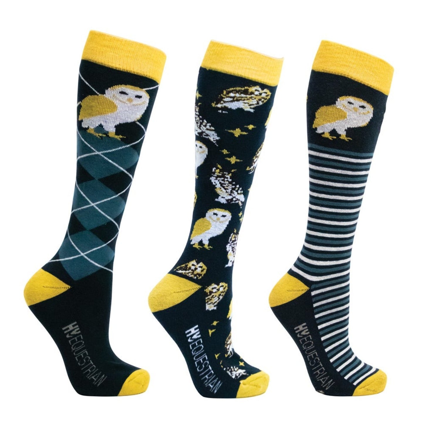 Hy Equestrian Night Owl Socks Navy/Yellow - Adult (4-8) x 3 Pairs