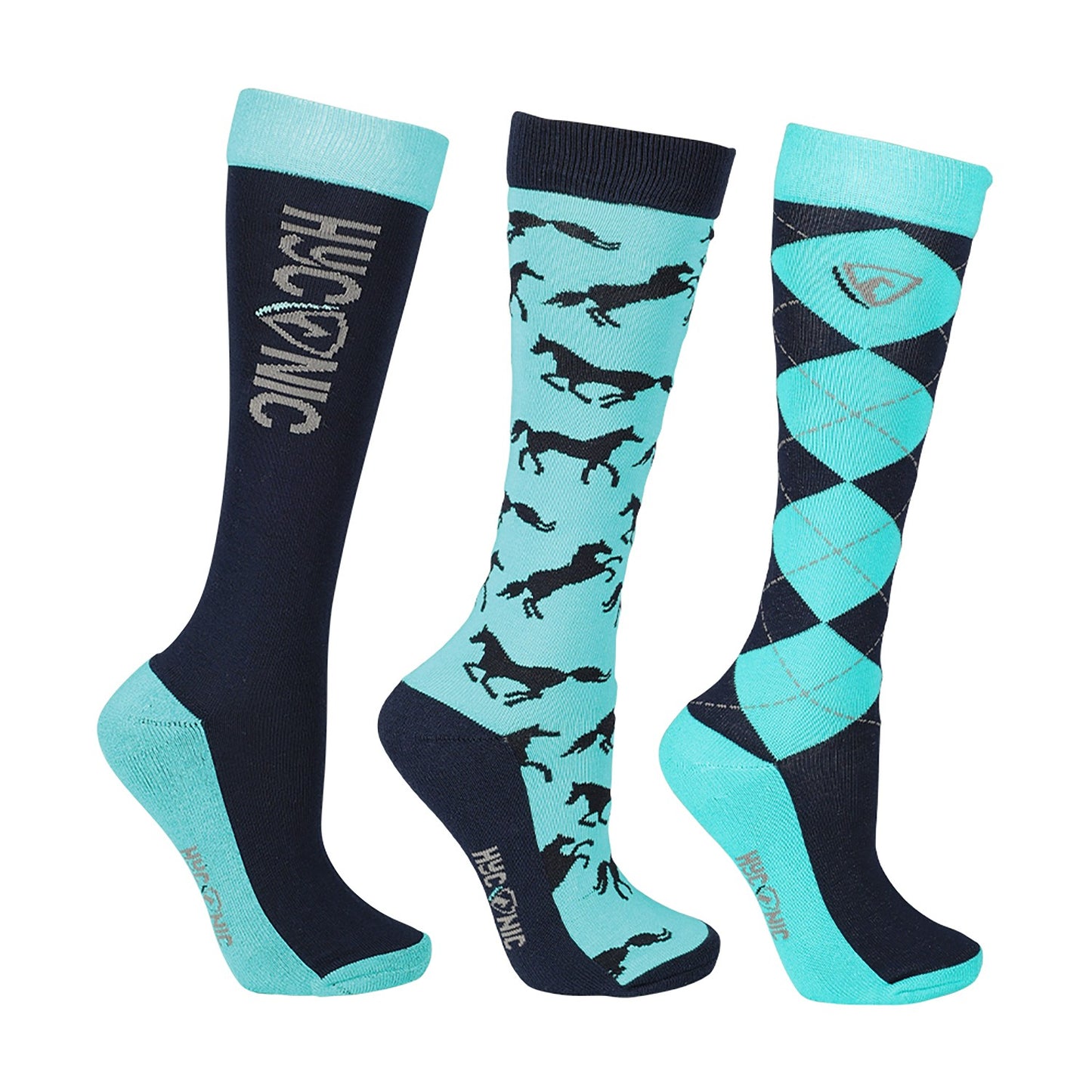 HyCONIC Pattern Socks by Hy Equestrian Navy/Teal - Child (8-12) x 3 Pairs