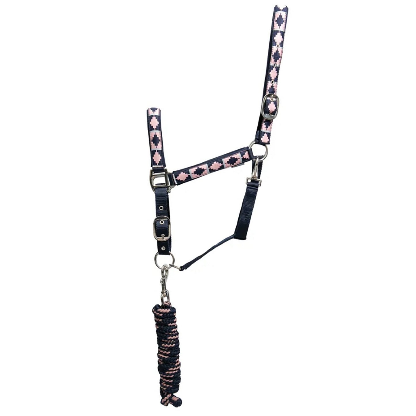 Hy Equestrian Woven Polo Headcollar & Lead Rope Navy/Rose - Cob
