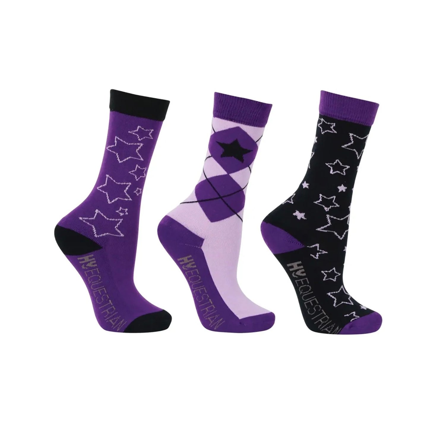 Hy Equestrian Stella Socks Purple/Lilac/Black - Child (8-12) x 3 Pairs