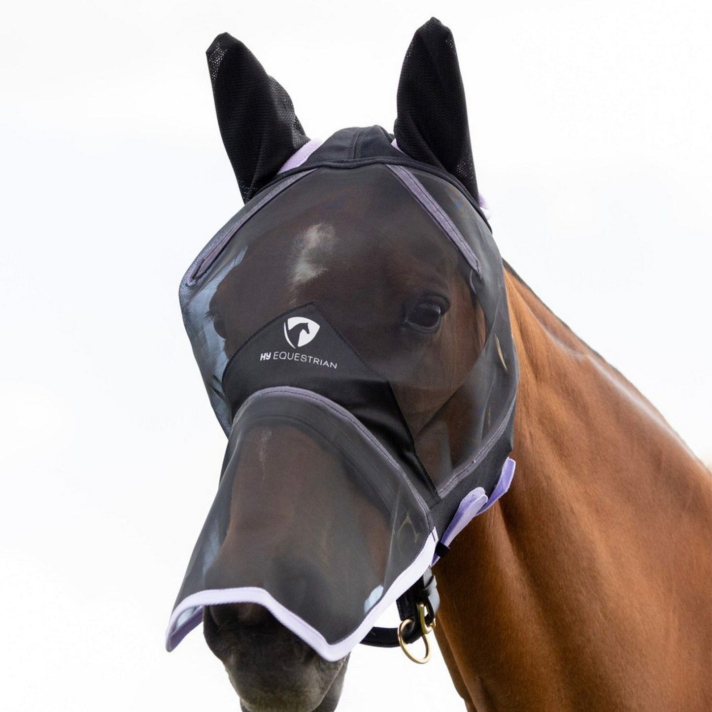 Hy Equestrian Mesh Full Fly Mask with Ears and Nose Black/Lilac - Small Pony