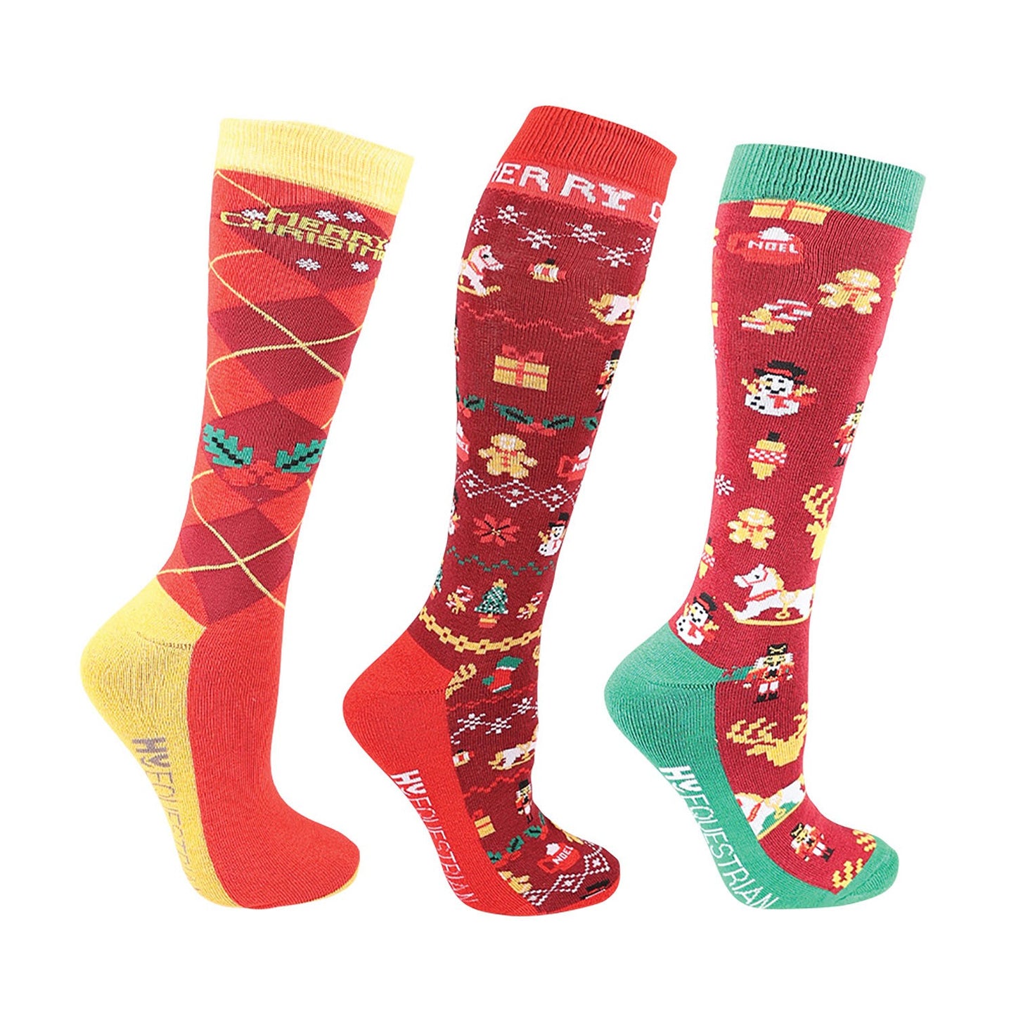 Hy Equestrian Christmas Cross Stitch Socks Red/Green/Gold - Adult (4-8) x 3 Pack