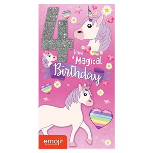 Unicorn Emoji Age 4 Glittery Birthday Card