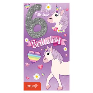 Unicorn Emoji Age 6 Glittery Birthday Card